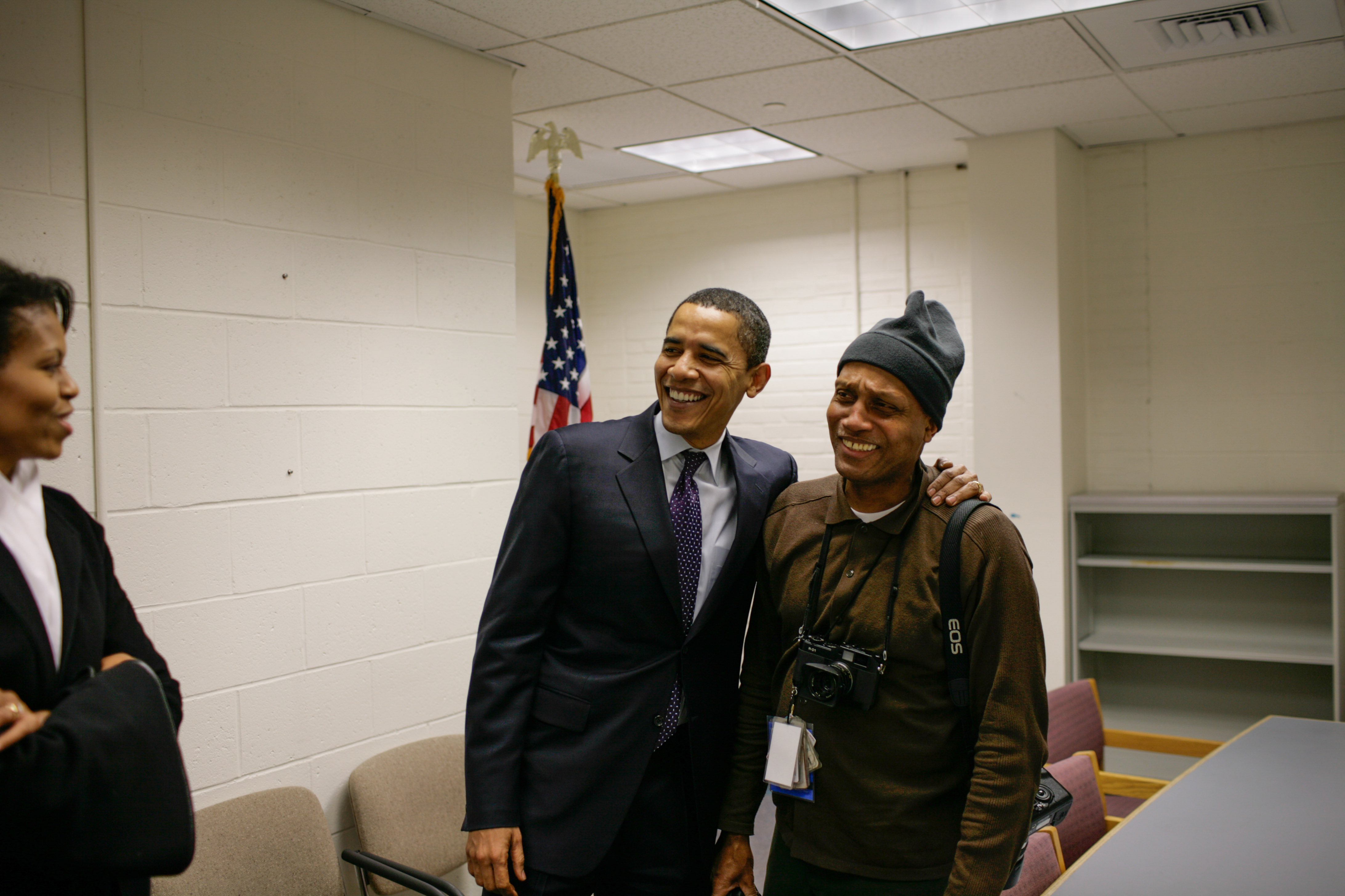 U.S. Senator and Presidential Candidate Barack Obama and his wife, Michelle back stage before a rally in the Concord High School gym in Concord, NH with Ozier. Photo by Callie Shell/Aurora for Time.