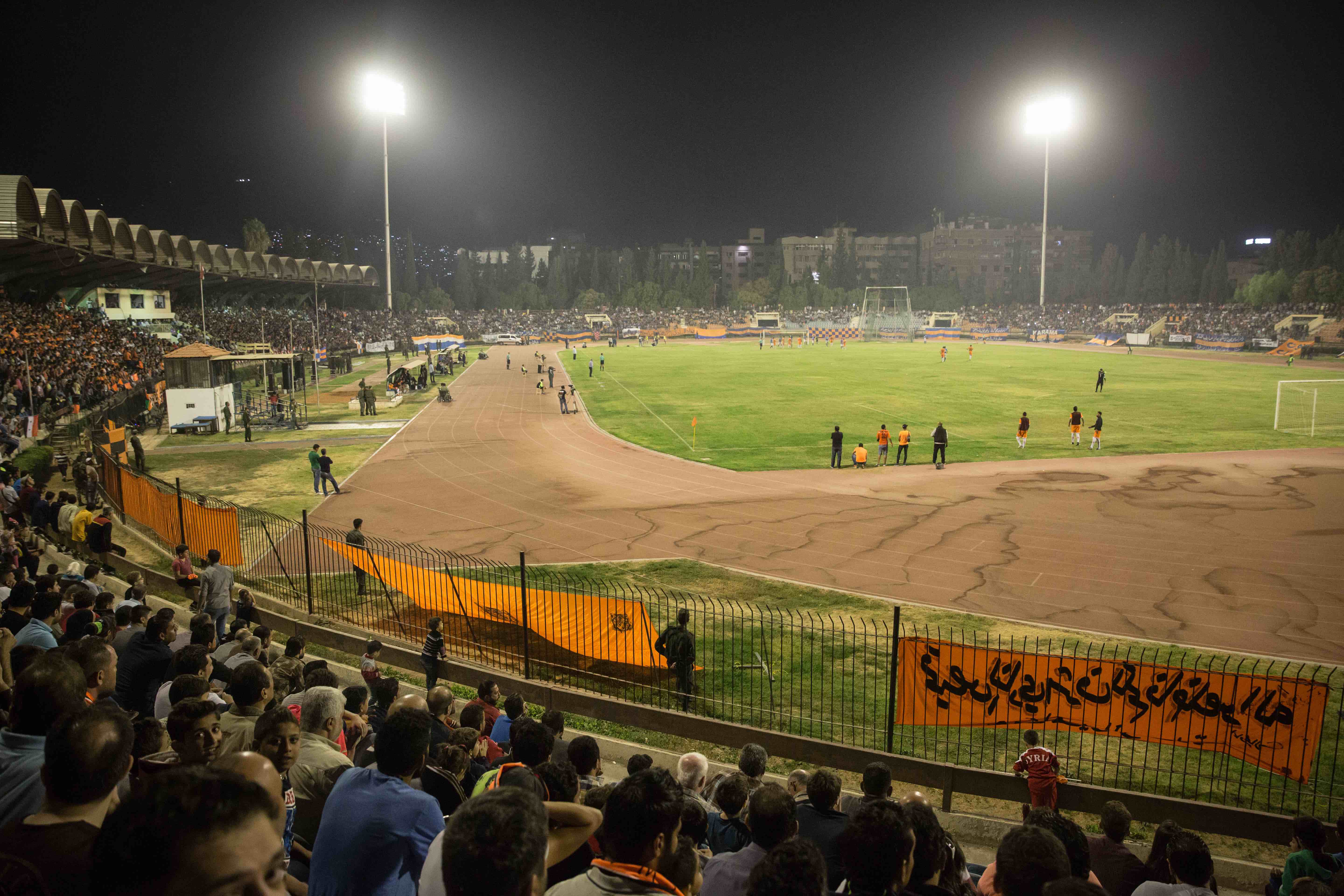 Al-Wahda from Damascus and Al-Karamah from Homs play in Tishreen Stadium in the Syrian Cup Final, October 2017.