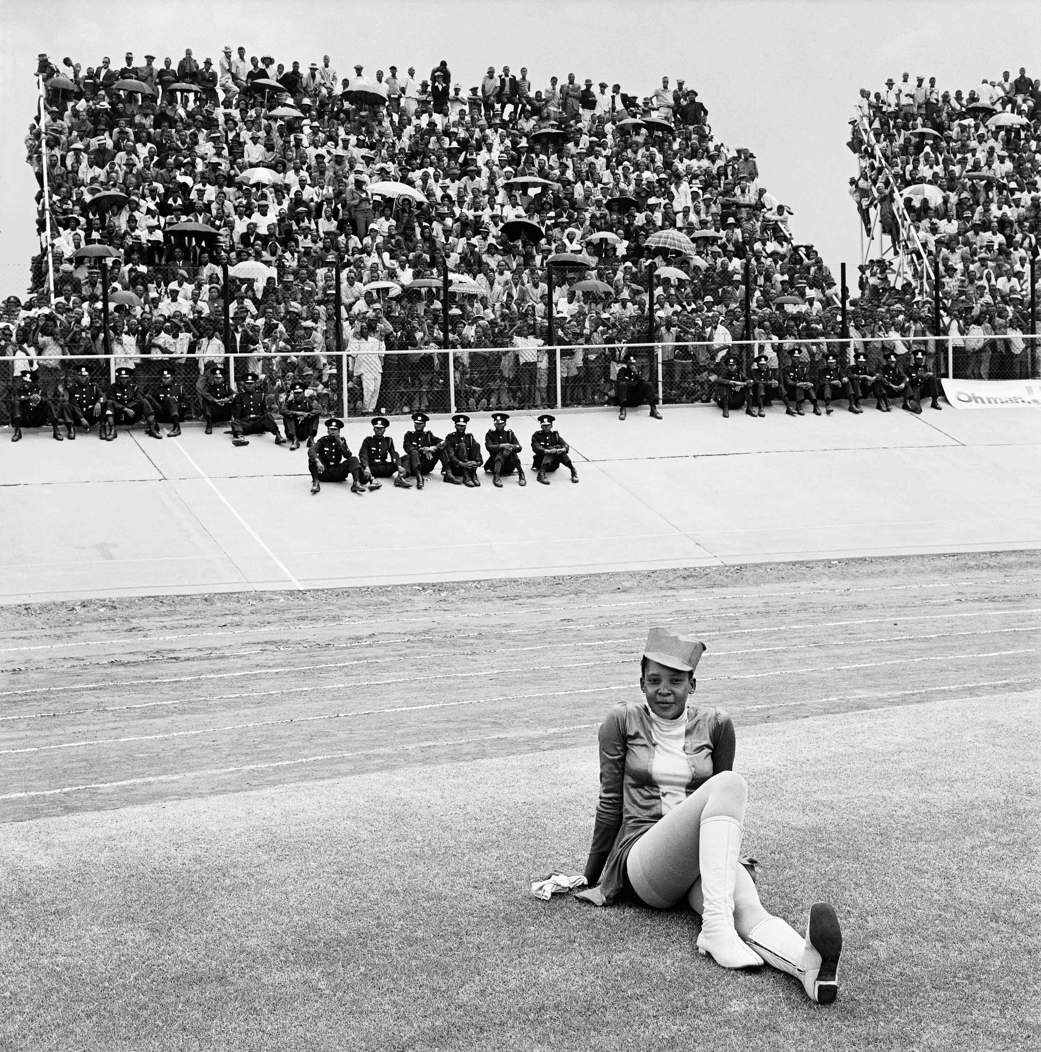 Drum majorette, Cup final, Orlando Stadium, Soweto. 1972.