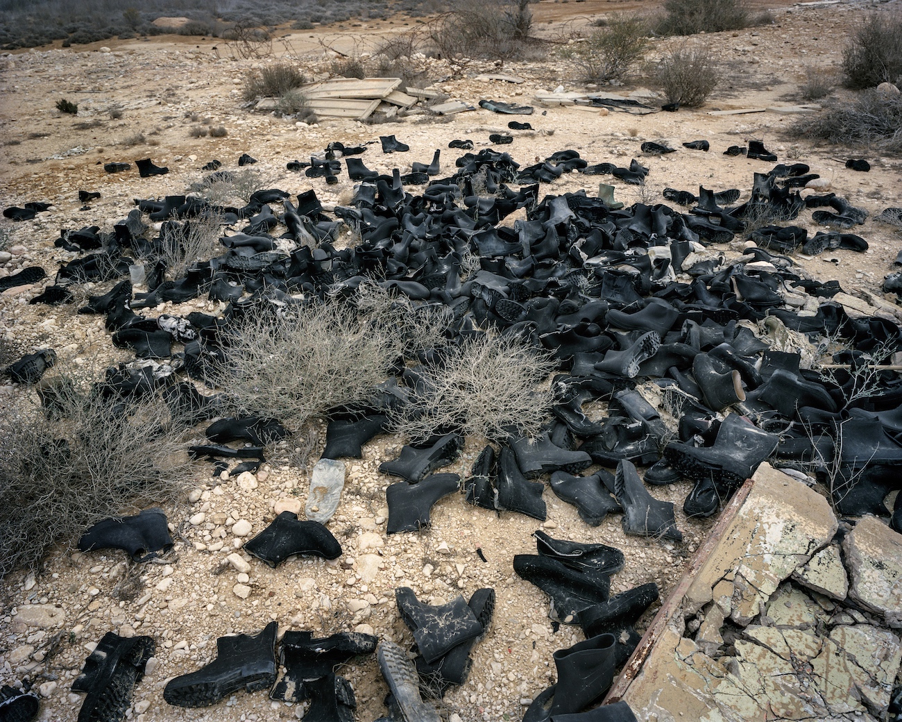 March 3, 2017. Near Nitzana, Israel. Military shoes on an abandoned Israel Defence Forces base.